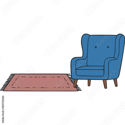 A Cozy Blue Wingback Armchair Beside a Dusty Rose Rectangular Rug on a Black Background with a Simple Minimalist Aesthetic