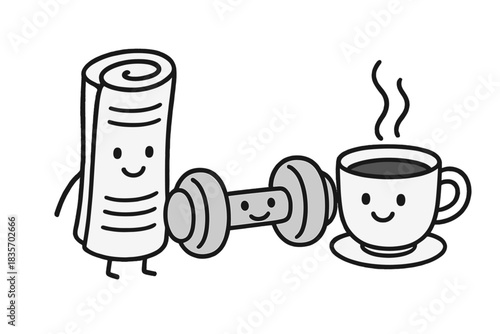 Morning Companions. Cute doodle newspaper rolled beside a dumbbell and steaming coffee cup, all smiling as morning companions, No