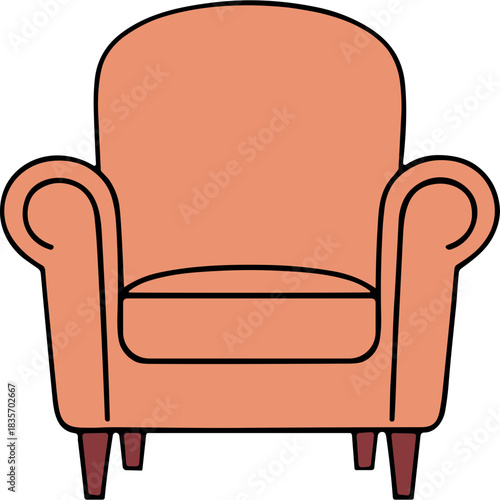 A Comfortable Peach Armchair with Dark Red Legs and a Simple Outline on a Black Background Ideal for Interior Design Mockups