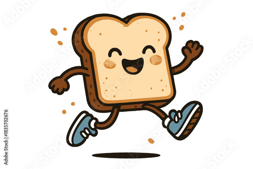 Playful Toast Jump. Adorable doodle toast slice wearing a running shoe, mid-jump with happy crumbs flying, playful breakfast
