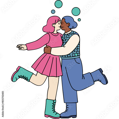 A Couple Kissing In A Romantic Moment With Pink And Blue Outfits And Teal Boots Against A Black Background Bubbles Floating Upward