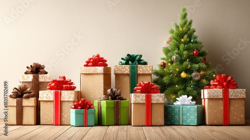 Festive gifts are arranged with care beside a decorated Christmas tree, creating a cozy holiday scene on a wooden floor. Celebrate joy!