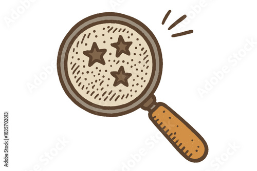 Spore Star Discovery. Sweet doodle magnifying glass revealing spore patterns forming tiny stars, curious exploration energy, No