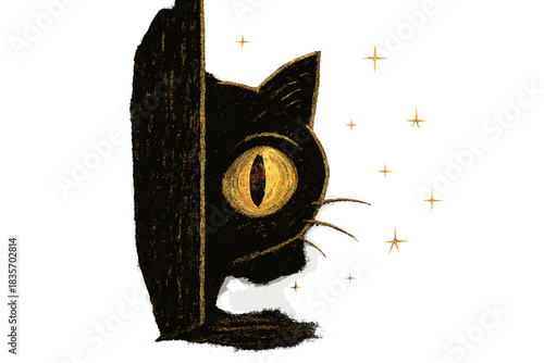 Mystical Feline Gaze. Playful doodle glowing feline eye peering from a dark alley corner, tiny stars twinkling in the shadow,