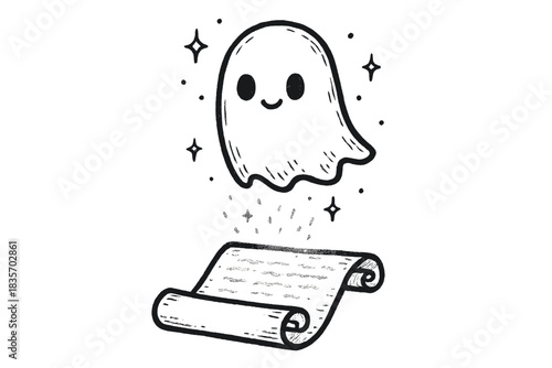Mystical Ink Ghost. Cute doodle ink ghost floating above parchment, faint shimmer of words returning like magic, No text, No