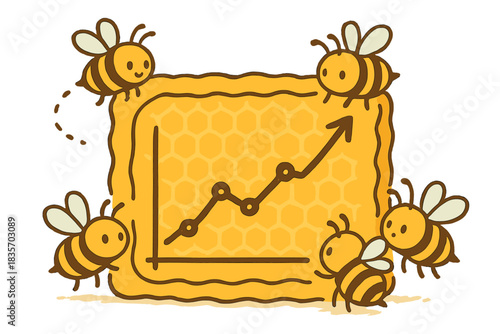 Bee Dashboard Illustration. Cute doodle honey yield chart drawn on a waxy board, bees using it like a dashboard, No text, No