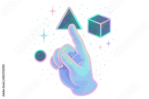 Holographic Geometric Play. Sweet doodle holographic hand manipulating floating geometric shapes, data sparkles around, No text,