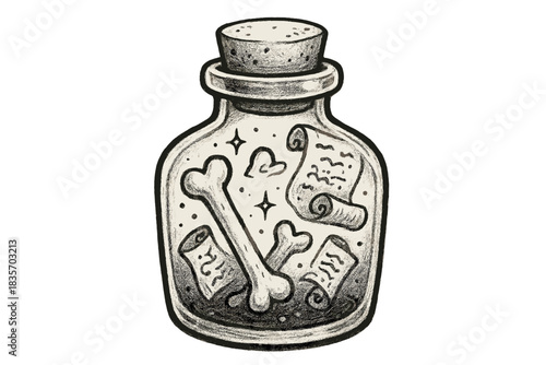 Magical Ink Bottle. Sweet doodle ink bottle with tiny bones and legends floating within, magical ancient discovery feeling, No