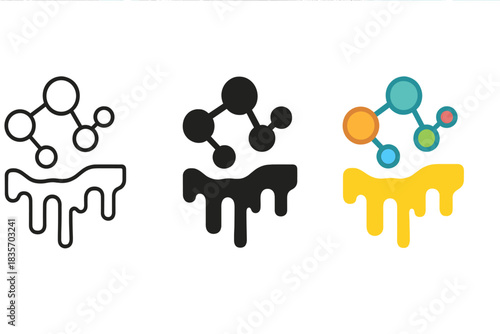 Dynamic Chemical Artistry. Abstract fusion of molecule chains and glaze drip patterns representing chemistry in motion, first in