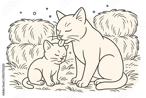 Cat Grooming Trio. Mother cat grooming her kitten among soft hay bales and dust motes, first in line style with thin outline,