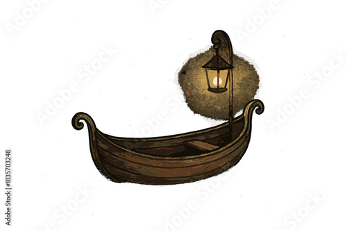 Lantern-Lit Celestial Voyage. Sweet doodle boat drifting through empty space with a gentle lantern illuminating its lonely voyage,