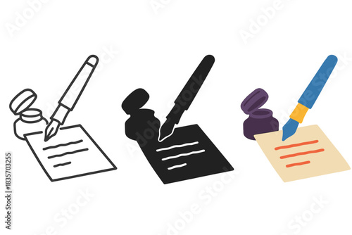 Inkwell and Pen Trio. Inkwell lid open, pen balanced above unfinished letter on textured paper, first in line style with thin