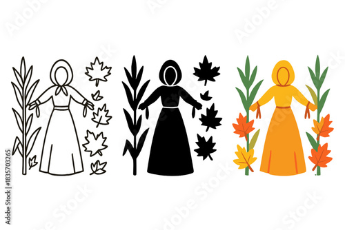 Corn Husk Spirit. Corn husk spirit figure surrounded by autumn leaves and maize stalks, first in line style with thin outline,