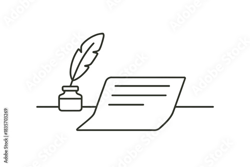 Minimalist Desk Trio. Minimalist desk scene with quill, small ink pot, and single open page, first in line style with thin outline