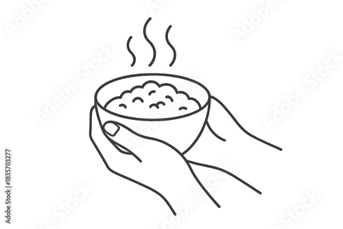 Hands Holding Nourishment. Close-up of hands holding bowl of warm food in quiet mindful moment, first in line style with thin