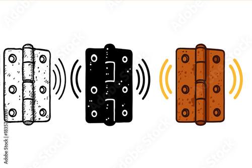 Rusty Hinge Styles. Close-up of rusty hinge with small creaking sound waves illustrated, first in line style with thin outline,