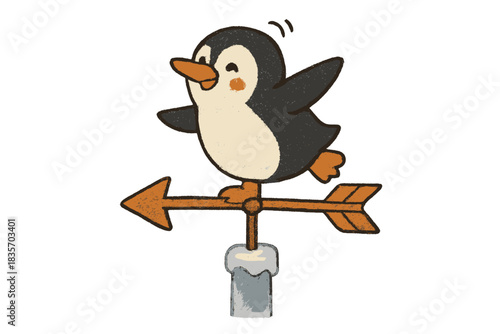 Penguin Weather Vane. Adorable doodle weather vane shaped like a cheerful penguin, spinning playfully atop a frosty pole in the