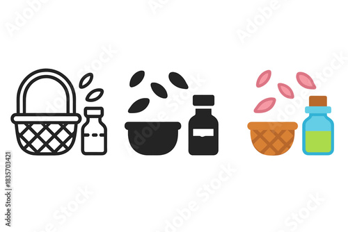 Floating Petals Trio. Basket handle, floating petals, herbal vial, first in line style with thin outline, second in solid style