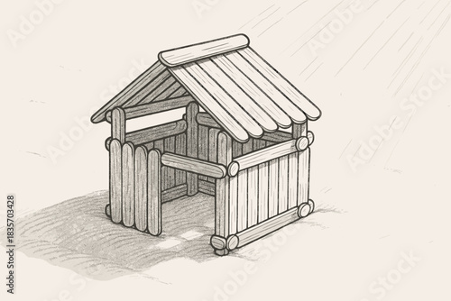 Creative Popsicle Fort. Popsicle stick fort placed on soft surface with sunlight casting shadows, first in line style with thin