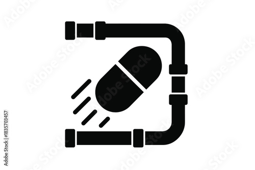 Pneumatic Mail Capsule. Solid style icon of a capsule flying through a network of tubes, representing pneumatic citizen mail,