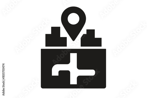 Subterranean Map Icon. Solid style icon of a map pin pointing to a subterranean area in a city, representing subcutaneous city map