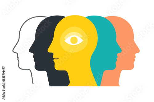 Illusory Heads Overlap. Multiple heads overlapping with one luminous false vision in the center, unity of illusion, abstract