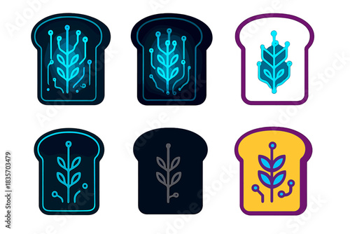 Cyberpunk Bread Design. Bread slice with digital glowing kernel pattern, cyberpunk bakery theme, simple minimal vector design,