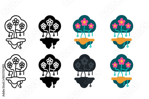 Bioluminescent Forest Icon. Floating bioluminescent forest with neon vines and synthetic flowers, surreal futuristic ecosystem,