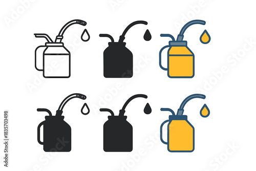 Abstract Oil Can Series. Oil can with flexible spout and drop of oil forming, abstract minimal vector, first in line style with