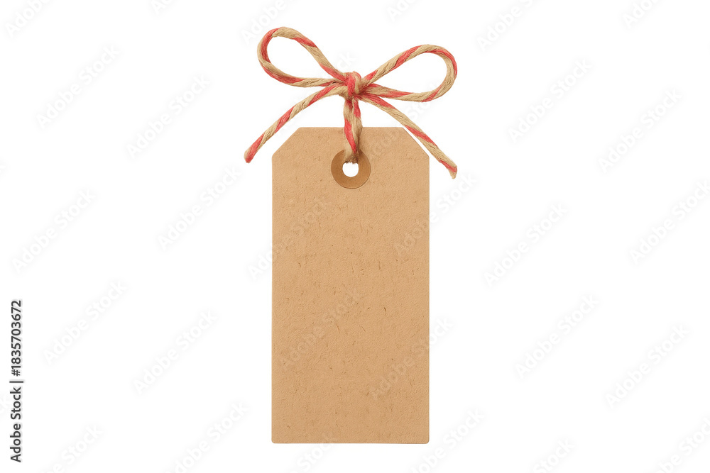 Naklejka premium Kraft paper blank tag with red and white baker's twine bow, empty gift present label design, isolated on transparent background