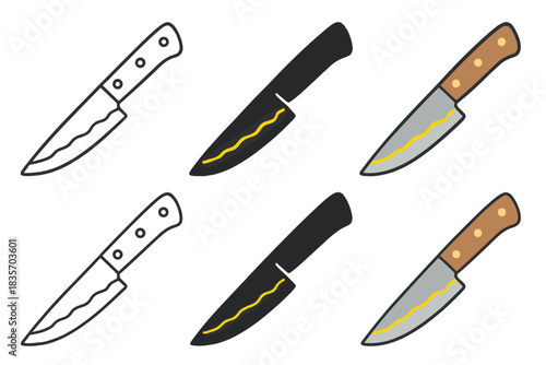 Hamon Knife Artistry. Close-up of knife showing glowing temper line (hamon) across the blade, abstract minimal vector design,