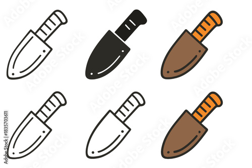 Knife Sheath Icons. Knife inside molded leather sheath showing precise fit, simple minimal vector icon, first in line style with