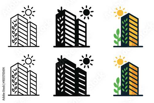 Modern Eco-Friendly Facade. High-rise office block with vertical gardens and sunlight-absorbing facade, abstract minimal vector