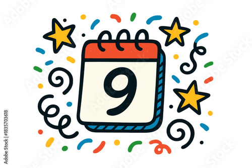 Festive Calendar Doodle. Playful doodle calendar date surrounded by a confetti background, cheerful celebration marks and bright