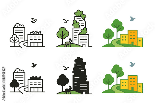 Futuristic Urban Oasis. Urban layout with rooftop gardens, vertical forests, and wildlife corridors, abstract minimal vector