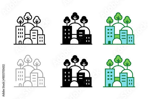 Futuristic Green Cityscape. Integrated cityscape with connected green roofs and shared ecosystems, clean minimal vector icon,