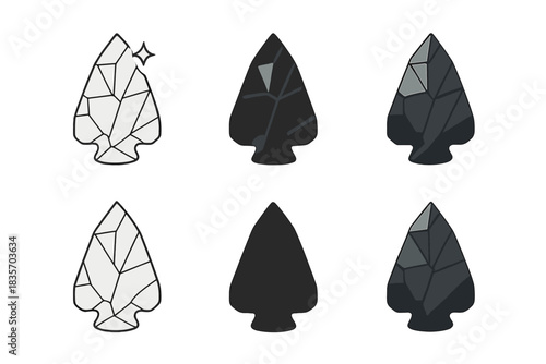 Obsidian Arrowhead Styles. Faceted obsidian arrowhead showing glint and sharp edges, clean geometric minimal icon, first in line