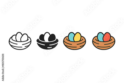Colorful Finch Eggs. Tiny bird nest with three colorful finch eggs, clean geometric minimal icon, first in line style with thin