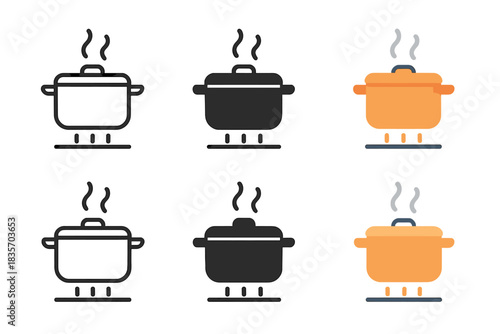 Copper Pot Icon. Copper pot on stove with subtle heat lines and rising steam, clean geometric minimal icon, first in line style