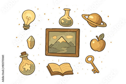 Orbiting Doodle Gallery. Cute doodle floating gallery display with curious objects orbiting in weightless space, each glowing with