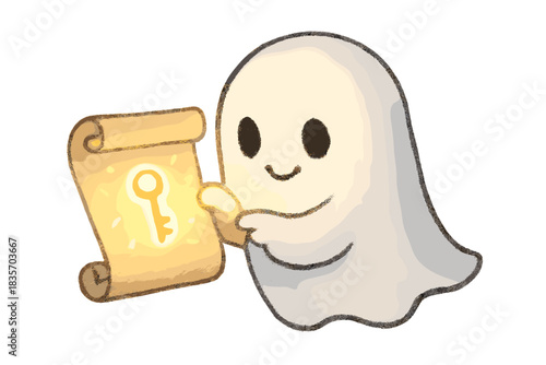 Friendly Ghost with Fact. Adorable doodle ghostly figure gently holding a glowing “key fact” written on a floating scroll,