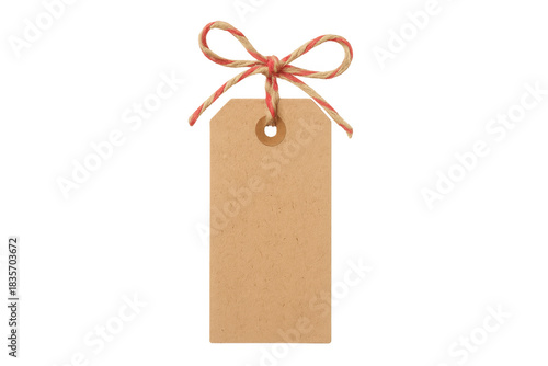 Kraft paper blank tag with red and white baker's twine bow, empty gift present label design, isolated on transparent background