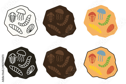 Fossil Diversity Art. Fragment of sedimentary rock with fossilized early fauna diversity, abstract minimalist vector illustration,