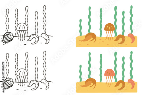 Cambrian Marine Fauna Diversity. Section of ancient seabed showing Cambrian marine fauna diversity, simple minimalist vector