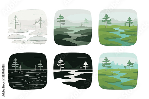 Misty Peat Bog. Misty peat bog landscape with small pools and mossy patches, abstract minimal vector design, first in line style