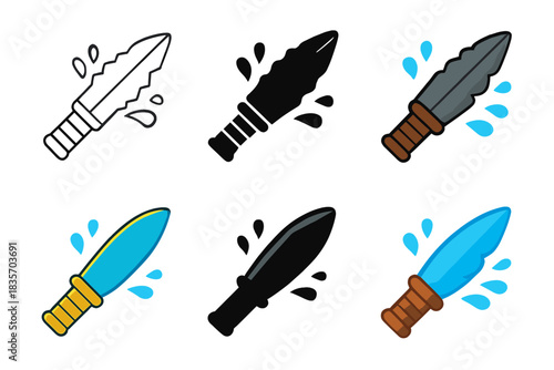 Obsidian Dagger Icons. Obsidian dagger with water splashes emphasizing sharp edge, simple minimal vector icon, first in line style