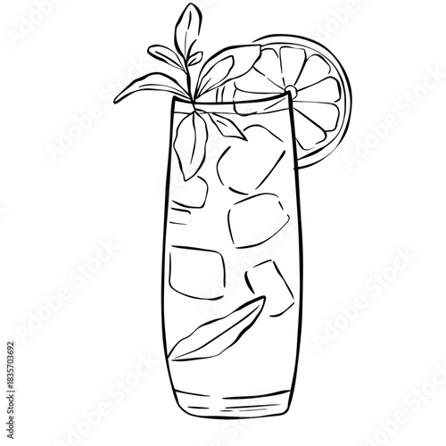 Lemon Cocktail Line Art Illustration with Ice and Herbs