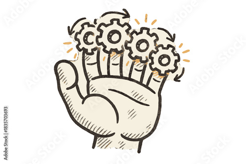 Gear-Knuckled Hand. Playful doodle hand with gear-shaped knuckles, softly rotating with mechanical grace and warm light between