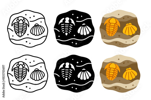 Fossil Vector Art. Fossilized trilobite and brachiopod embedded in rock layer, abstract minimal vector design, first in line style