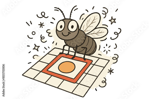 Joyful Fly Celebration. A cheerful fly sitting on a marked calendar date, with tiny buzzing lines, doodle confetti, and a playful